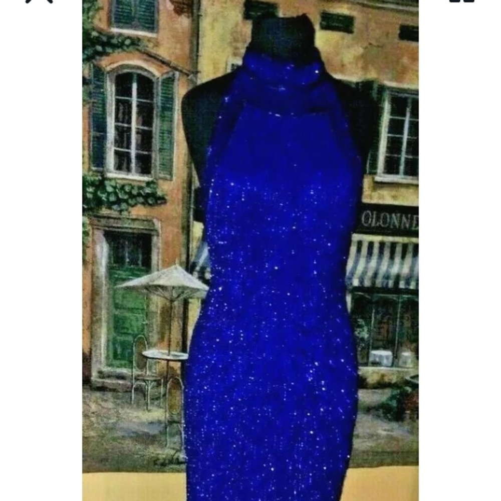 VTG Laurence Kazar Blue Sequin Slvless Halter Gown